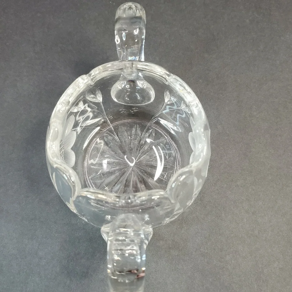 Cut Clear Glass Etched Frosted Flower Double Handled Open Sugar Bowl Heavy